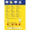 Obraz przedstawia przewodnik po drukowaniu etykiet oraz informacje o produkcie dotyczącym zdejmowalnych etykiet cenowych, w tym cechy i wymiary w różnych językach.