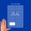 Dłoń obok diagramu arkusza A4 z siatką, białym prostokątem i etykietą „75 x 40 mm”?