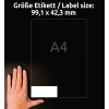Porównanie rozmiaru z ręką, artykuł: L4743REV-25, jeden arkusz etykiet uniwersalnych, usuwalny, format: 99,1 x 42,3 mm, kolor: biały.