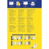 Grafika informacyjna dotycząca drukowania etykiet, zawierająca instrukcje i wskazówki w różnych językach, szczegółowo opisująca różne typy etykiet oraz ich specyfikacje dotyczące archiwizacji i przechowywania.