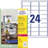 Opakowanie z arkuszem etykiet: Avery Zweckform Etykiety foliowe odporne na warunki atmosferyczne, artykuł: L4773-100, format: 63,5 x 33,9 mm, nadaje się do: drukarek laserowych czarno-białych i kolorowych, zawartość: 2400 etykiet / 100 arkuszy, 24 etykiety/arkusz.