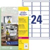 Obrazek opakowania z arkuszem etykiet: Avery Zweckform, Etykiety foliowe odporność na warunki atmosferyczne, Artykuł: L4773-8, Format: 63,5 x 33,9 mm, Nadaje się do druku: Laser czarno-biały, toner kolorowy, Zawartość: 192 etykiety / 8 arkuszy, 24 etykiety/arkusz.
