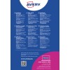 Obraz zawiera informacje o samoprzylepnych plakietkach imiennych Avery w różnych językach. Obejmuje szczegóły dotyczące zastosowań, wskazówek dotyczących drukowania i przechowywania oraz informacje kontaktowe obsługi klienta.