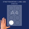 Porównanie wielkości z ręką, artykuł: L4881-20, arkusz etykiet imiennych, format: ⌀ 65 mm, kolor: biały.
