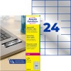 Opakowanie ze zdjęciem etykiet: etykiety typowe Avery Zweckform, artykuł: L6133-20, format: 70 x 37 mm, odpowiednie do druku: laser czarno-biały, zawartość: 480 etykiet / 20 arkuszy, 24 etykiety/arkusz.