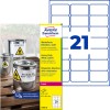 Opakowanie z arkuszem etykiet: Avery Zweckform wodoodporne etykiety foliowe, artykuł: L7060-20, format: 63,5 x 38,1 mm, odpowiednie do drukarek: laser czarno-biały, laser kolorowy, zawartość: 420 etykiet / 20 arkuszy, 21 etykiet/arkusz.