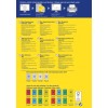 Obraz zawiera informacje o mini etykietach organizacyjnych, w tym instrukcje drukowania, szablony projektów i szczegóły produktu w wielu językach. Zawiera specyfikacje dla różnych rozmiarów etykiet i ich zastosowań.