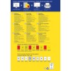 Obrazek to informacyjna ulotka o usuwalnych etykietach neonowych firmy Avery, zawierająca szczegóły w wielu językach, opcje projektowe oraz specyfikacje produktu.