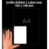 Porównanie wielkości z ręką, Artykuł: L7876-20, jeden arkusz mocno przylepnych etykiet papierowych, format: 105 x 148 mm, kolor: biały.