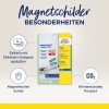 Obraz przedstawia opakowanie produktu z arkuszami magnetycznymi od Avery Zweckform, podkreślając funkcje takie jak łatwe projektowanie za pomocą narzędzia online, arkusze magnetyczne do tworzenia znaków i wzmianki o neutralności klimatycznej.