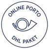 Obraz przedstawia okrągłe logo lub pieczęć z napisem „ONLINE PORTO” u góry i „DHL PAKET” na dole, z grafiką przypominającą oko w środku.