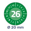 Obraz przedstawia okrągłą tarczę oznaczoną numerami od 1 do 12, z numerem 26 wyraźnie widocznym na środku. Poniżej tarczy znajduje się adnotacja wskazująca średnicę 20 mm, umieszczona na zielonym tle.