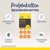 Obraz przedstawia etykiety kontrolne zaprojektowane na rok 2027, prezentujące takie cechy jak odporność na warunki atmosferyczne, łatwe do odklejenia, wyprodukowane w Niemczech i neutralne dla klimatu.