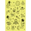 Żółte tło z różnymi rysunkami o tematyce kosmicznej, w tym astronautami, rakietami, planetami, kosmitami, gwiazdami i UFO.