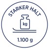 Obraz przedstawia okrągły wzór z napisem 'STARKER HALT' oraz ilustracją ciężarka z napisem 'kg', a na dole znajduje się liczba '1.100 g'.